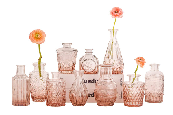 Amber Glass Bud Vase Set of 10 - Mini Vintage Vases for Wedding Decorations, Home Table Flower Dcor, Small Carved Vases for Centerpieces, Entryways