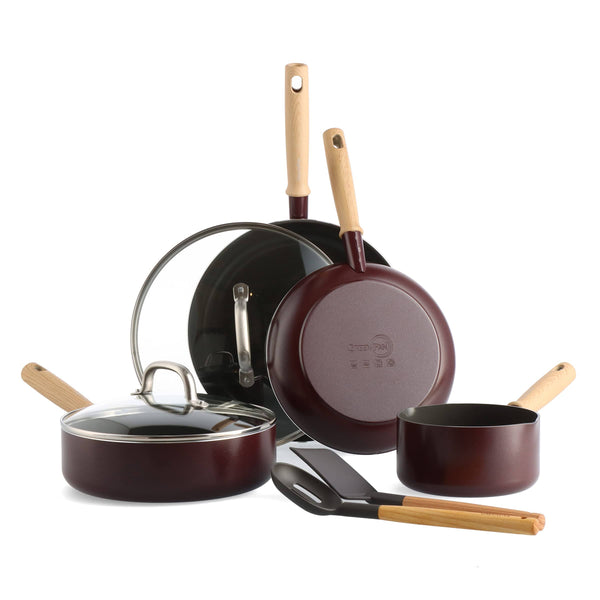 GreenPan Hudson Healthy Ceramic Nonstick, 8 Piece Cookware Pots and Pans Set, Wood Inspired Handle Merlot