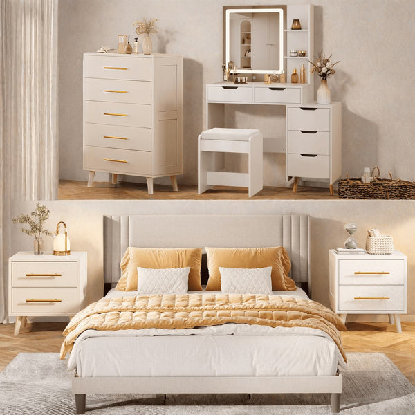 Bedroom Furniture Set - Includes Queen Bed Frame, Nightstands Set of 2, 5 - Drawer Dresser & Vanity Desk - Modern Storage Solution for Stylish Home