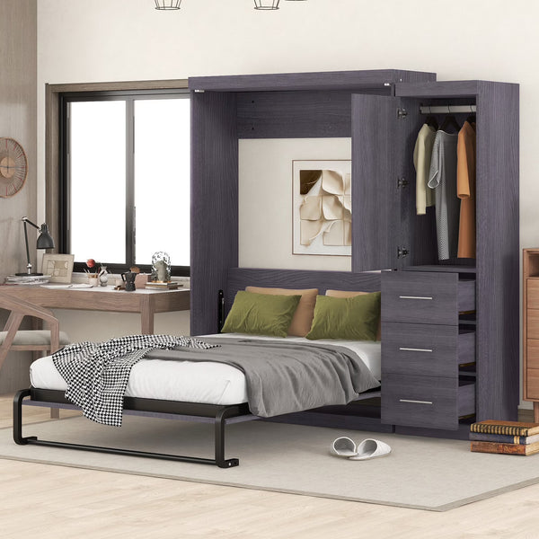 Euroco Wood Full Size Murphy Wall Bed with Wardrobe and Drawers for Living Room, Moveable Wardrobe and Drawers, Space - Saving & Easy Open and Close