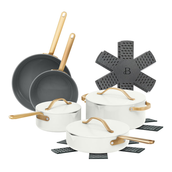 Beautiful 12pc Ceramic Non - Stick Cookware Set with Strainer Lids, White Icing by Drew Barrymore