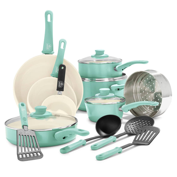 GreenLife Soft Grip 16 Piece Ceramic Non-Stick Cookware Set Turquoise