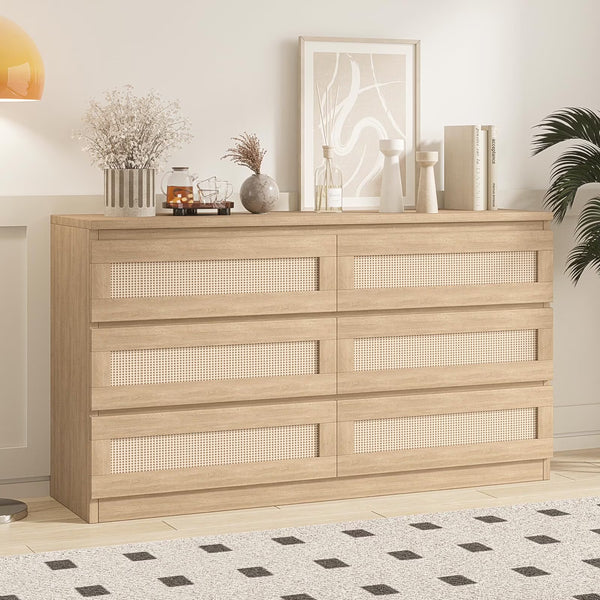 Garvee Rattan Dresser for Bedroom 6 Drawer, Double Dresser with Anti - Tip Kit, Wood Storage Wide Chest of Drawers for Bedroom, Living Room, Hallway