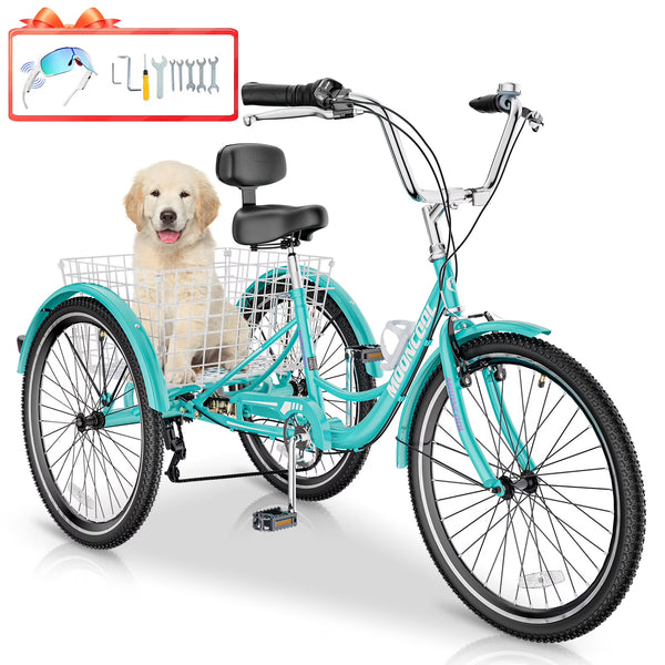 MOONCOOL Adult Tricycles with Rear Basket & Inflator, 24 26 in 7 Speed 3 Wheel Bikes, Three - Wheeled Bicycles Adult Trike with Backrest for Seniors
