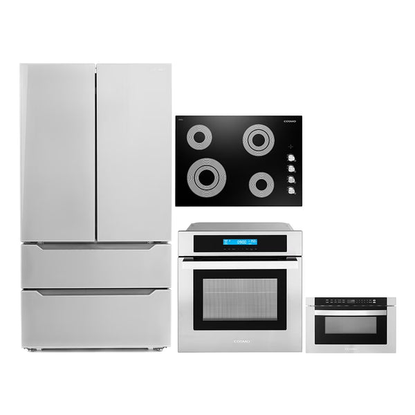 Cosmo 4 Piece Kitchen Appliance Package 30" Electric Cooktop 24" Single Electric Wall Oven 24" Built - in Microwave Drawer & French Door Refrigerator
