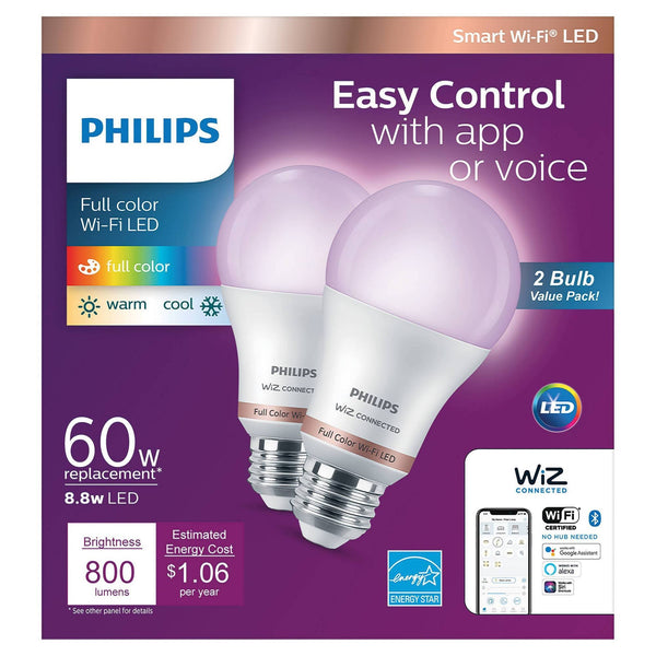 Philips 60-Watt Equivalent A19 Dimmable Smart Wi-Fi Wiz Connected Wireless LED Light Bulb, 2-Pack, Color and Tunable White