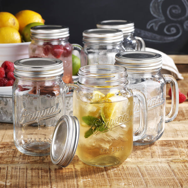 Glaver's Mason Jar 16 oz. Glass Mugs with Handle and Lid Set of 6 Old Fashioned Drinking Glass Bottles Original Mason Jar Pint S