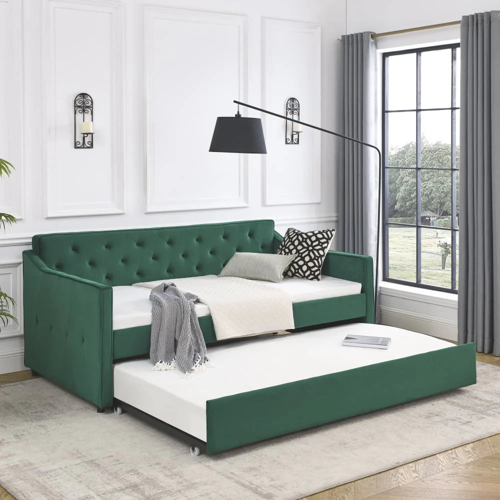 Twin Size Daybed with Trundle, Modern Button Tufted Linen Upholstered Sofa Day Bed Frame with A Roll - Out Trundle, Bedframe Furniture for Bedroom